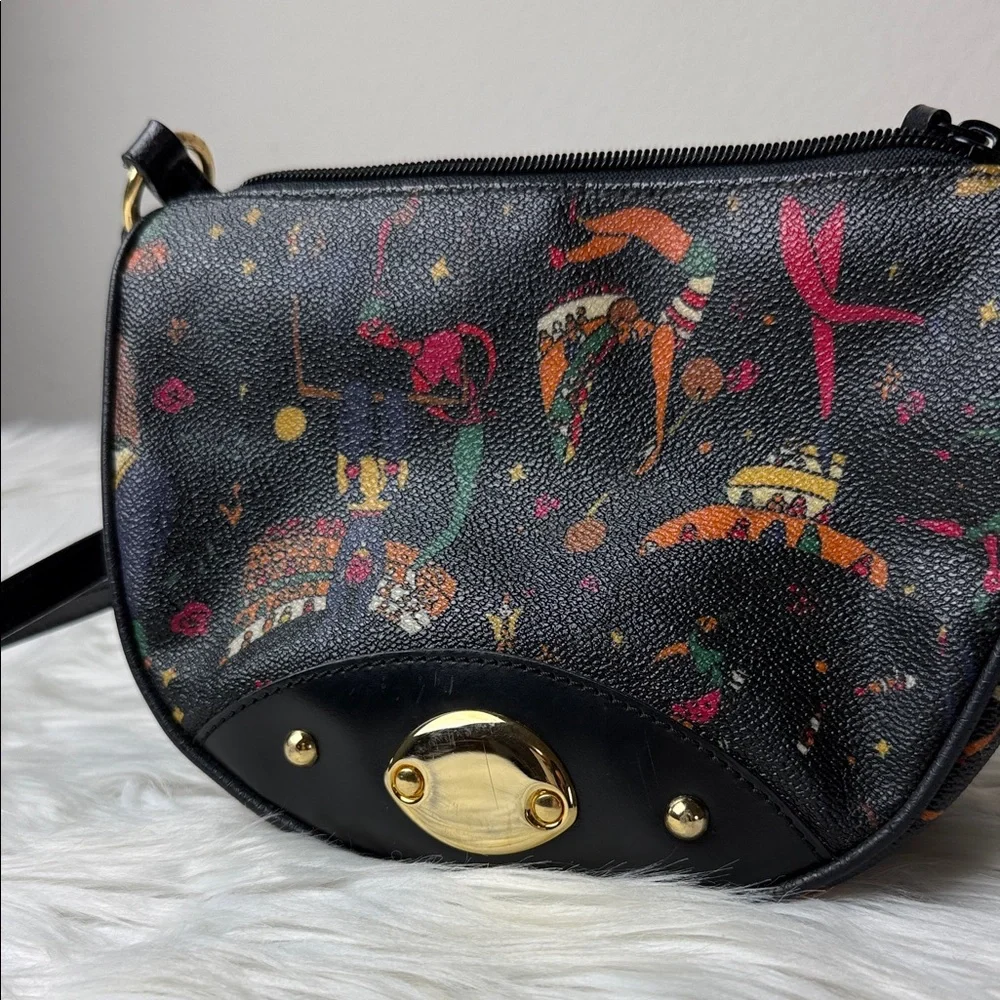 VTG Piero Guidi Black Crossbody Bag with Multicolor Print and Gold Hardware